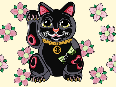 Maneki Neko cat dollar flower illustration japan luck lucky manekineko money neko sakura