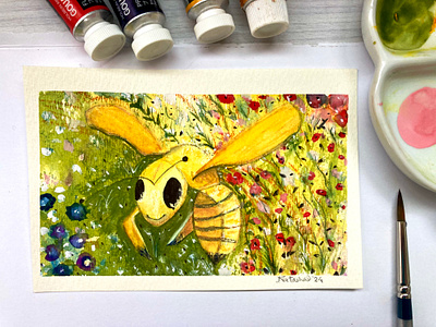 Abeille 🐝 - L'alphabet de mon jardin 2024 alphabet art bee comic style cute flowers garden gouache green happy illustrated bee illustration insect natasha gonzalez nature poetic sketchbook yellow