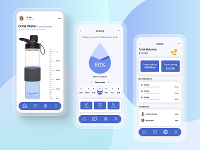 Water Intake Monitoring - Mobile App blue theme careness creative design earning earning money fitness health light theme mobile app points rewards take care ui ux water intake water monitoring app