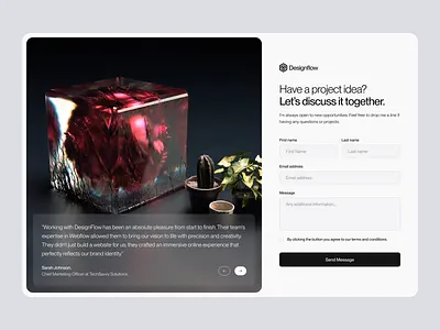 Designflow Website: Contact Page Design contact contact form contact page contact us design form interface landing page minimal minimalism sign up testimonial ui ux web web design web layout web page website website design