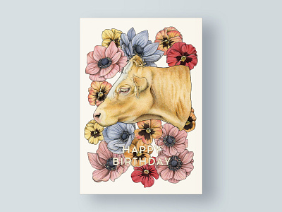 March Birthday Card Illustration animal birthday cow flowers illustration postcard