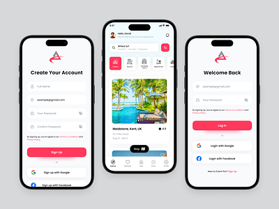 Hotel Booking App Desing, Login Sign Up and Home page app app desing booking dailyui design desing hotel hotel booking ui ux