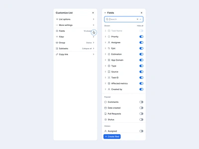 Table Customize click up columns customize customize list fields filter filters item list menu menu item properties search settings sidebar sidepanel sort switcher table table customization