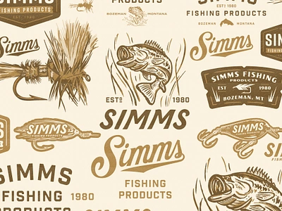 Simms Fishing Apparel Design apparel design badge design bass bass fishing branding custom lettering custom type fly fishing hat design heritage illustration lettering logo design logo designer retro simms fishing t shirt design trout vintage