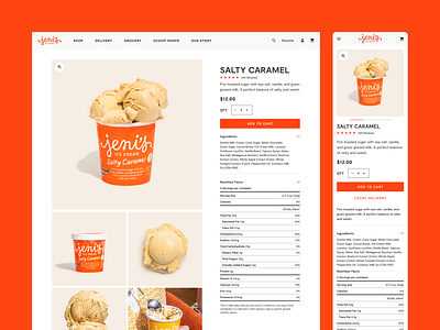 Jeni's Ice Cream PDP branding commerce dessert ecommerce food graphic design ice cream mobile nutrition scoop shop sweet treat ui ux web web design