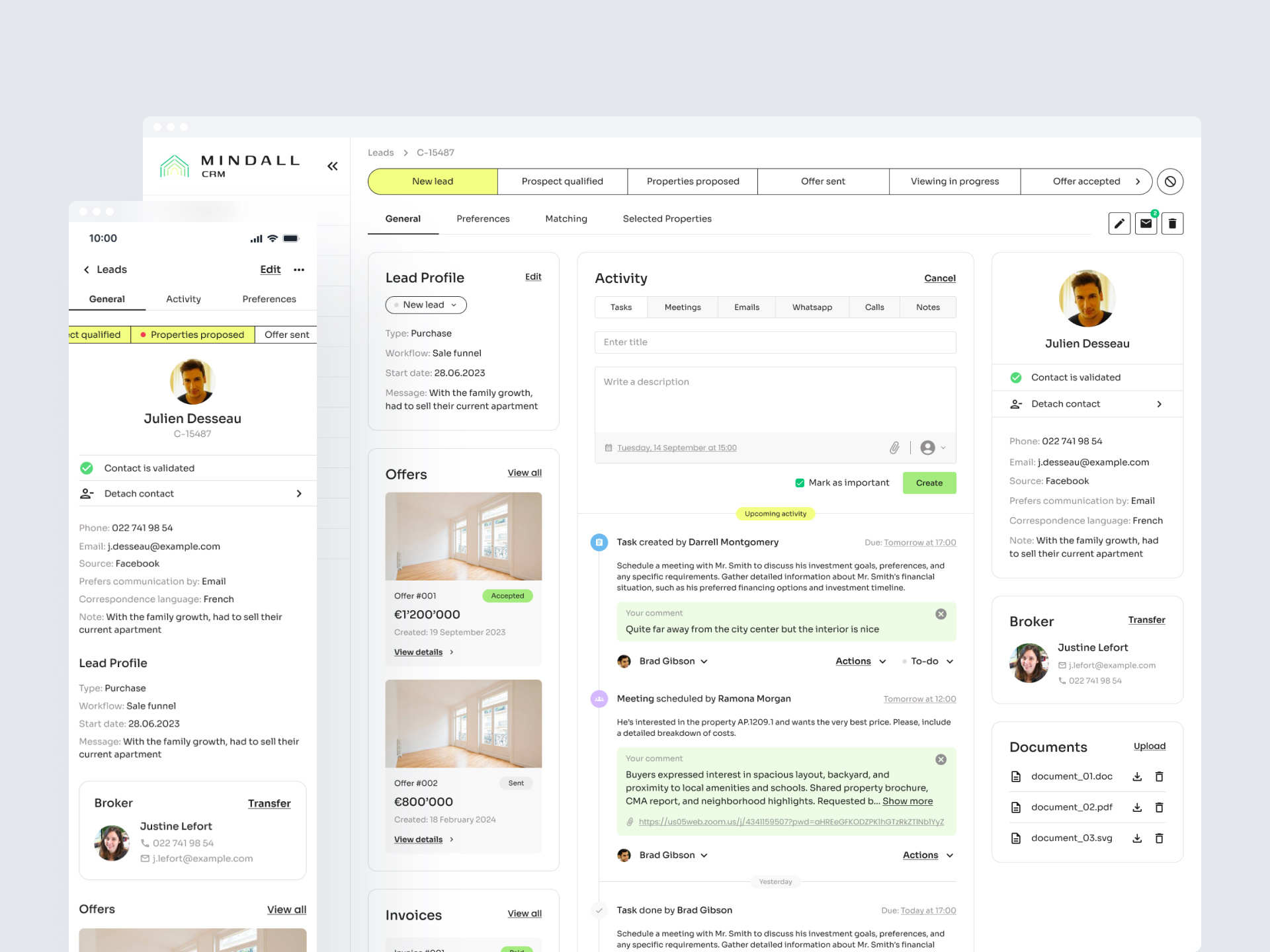 Lead Details | Mindall CRM activity automation client crm deal design digital email interaction invoice lead management offer productivity property real estate template tracking ui ux