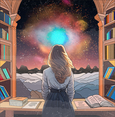 Planetarium☄️ books cosmic design drawing girl graphic design illustration illustrative library planets space