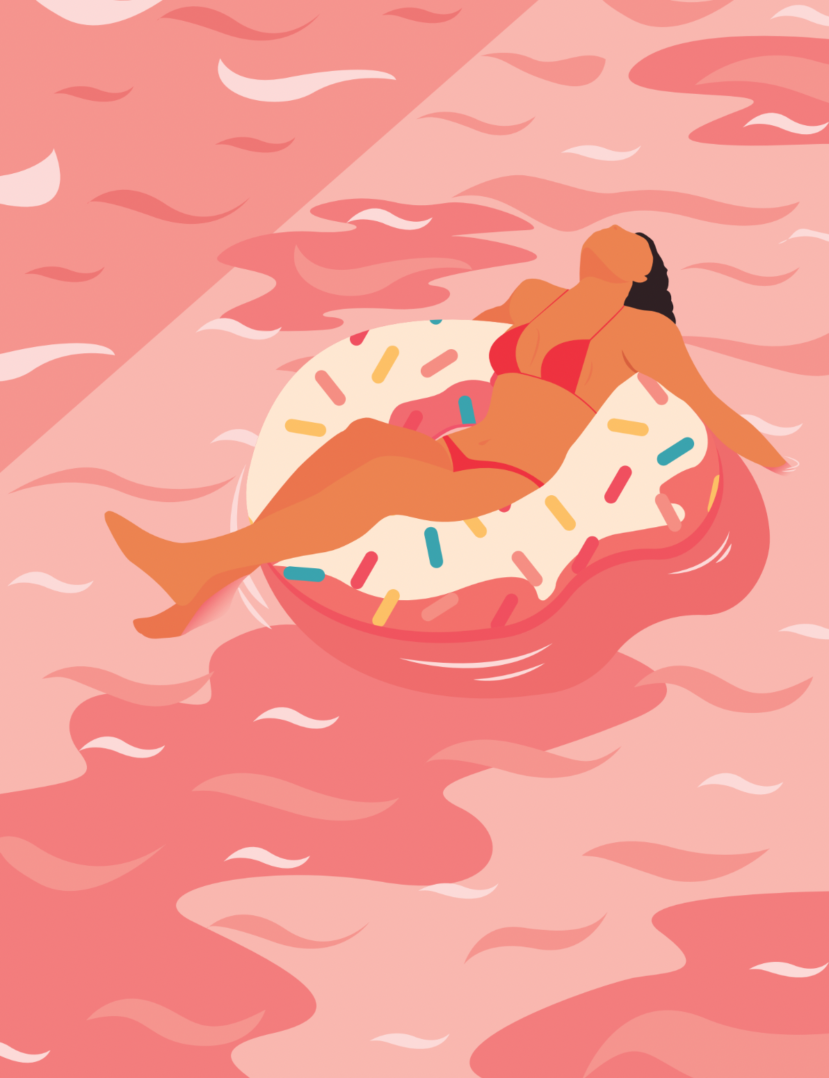 Dog days of summer flat float girl illustration pink pool summer water