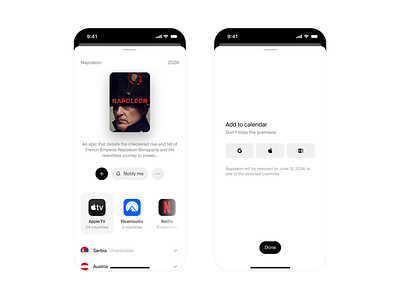 whereto.stream android app apple tv branding calendar catalog cinema clean ios minimal mobile modal movie app netflix phone product design sheet simple ui ux