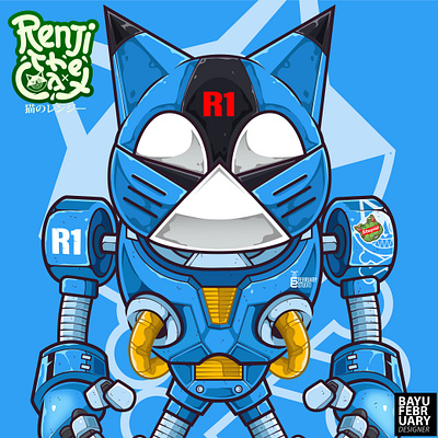 ROB-01 blue cartoon cat cyberpunk cyborg robot