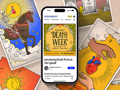 The Spinoff Death Week branding design editorial illustration lettering tarot texture