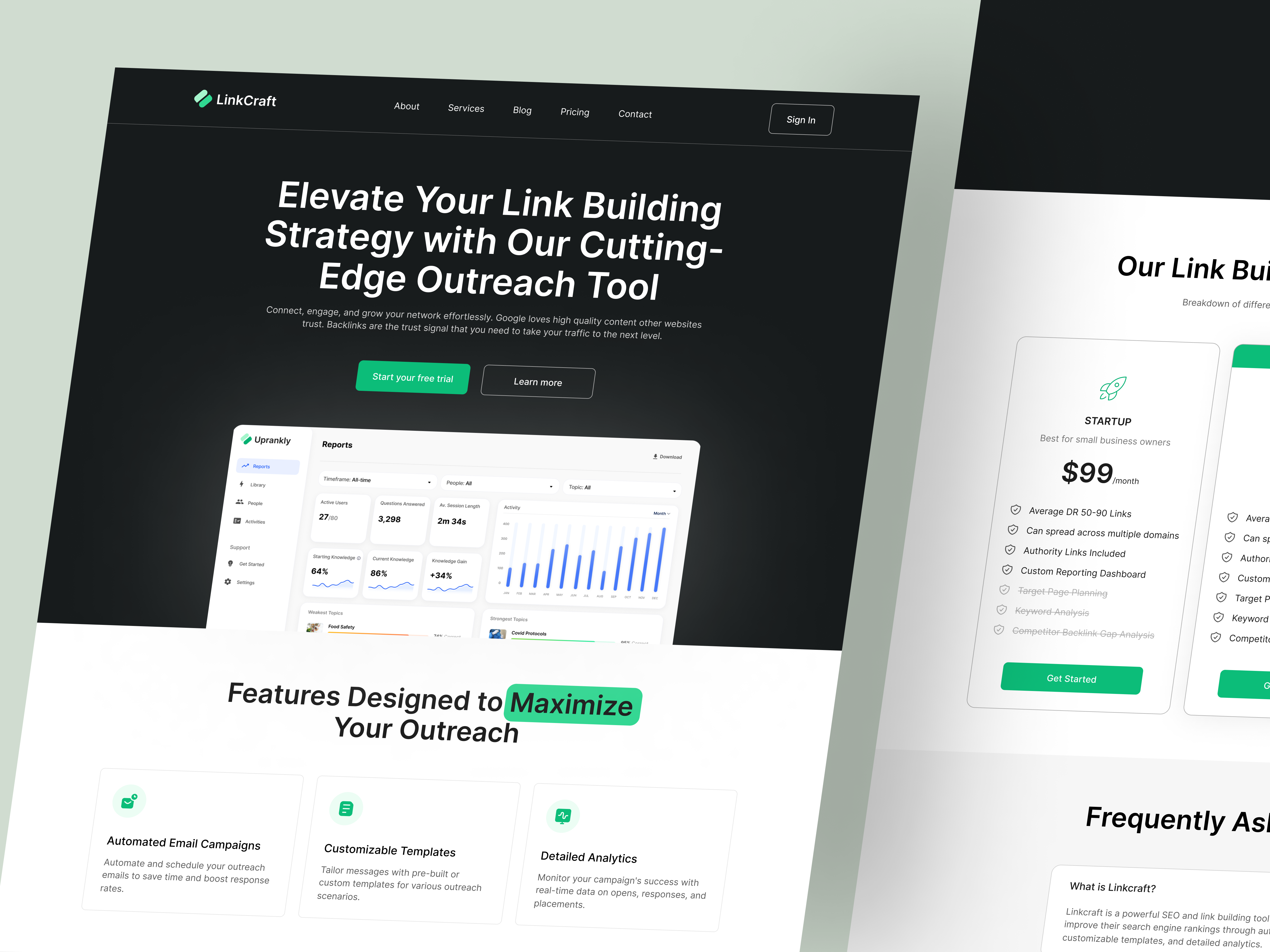 LinkCraft - SaaS Landing Page clean design green landing page landing page design link builder minimal modern saas saas landing page saas product saas ui saas web saas website saas website design seo uprankly web web design website design