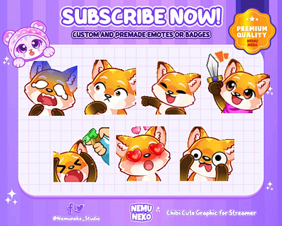 🦊Custom Chibi Emotes by Nemuneko Studio🦊 animation branding chibi emotes custom design cute emotes design graphic design illustration logo open commission twitch emotes