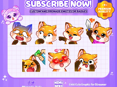 🦊Custom Chibi Emotes by Nemuneko Studio🦊 animation branding chibi emotes custom design cute emotes design graphic design illustration logo open commission twitch emotes