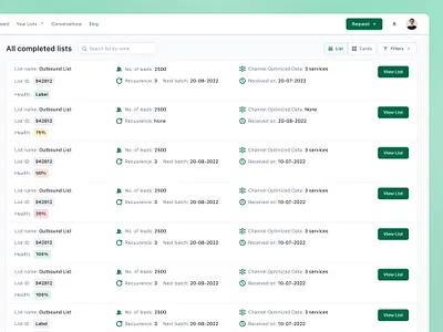 Completed Lists - List View ✨ b2b channeloptimized data design features forms green landingpage leadenrichment leads listing listrequest marketing product productdesign requestform saas sales ui