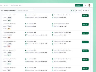 Completed Lists - List View ✨ b2b channeloptimized data design features forms green landingpage leadenrichment leads listing listrequest marketing product productdesign requestform saas sales ui