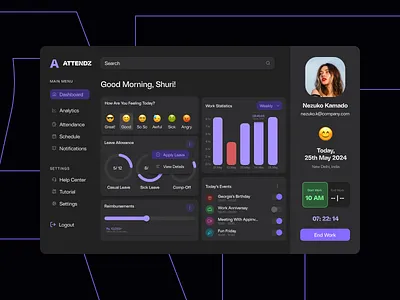 Attendz: Intuitive Employee Attendance Dashboard UI attendancetracking attendz dashboardui employeeattendance employeewellbeing hrsolutions hrtech leavemanagement productivitytools realtimeanalytics uidesign userexperience uxdesign workplaceefficiency