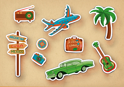 Sticker pack for a travel agency, retro style branding design illustration typography web