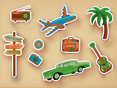Traveling stickers, retro style branding design illustration