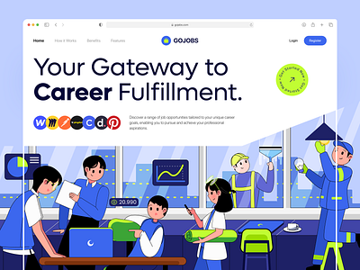 GoJobs-Hiring Platform Website 2d illustration design employment hiring platform homepage illustration illustration website job board job finder job listing job portal job search landing page product product design ui ux vector web