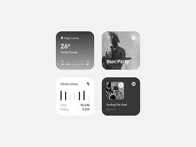 Monochrome Widgets album cover black bloc party graph ios ipad iphone klaxons monochrome music shazam spotify steps strava temperature weather white widget