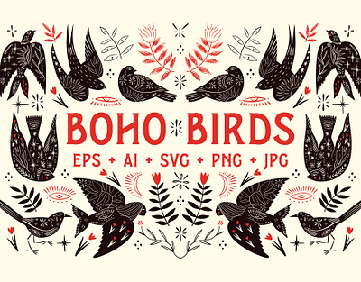 Boho Birds Bundle birds boho folk illustration magic myth mythology spell syrin vector
