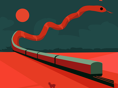 Train - Snake - Landscape Poster flat illustration illustration landscape sunset train vector wild life
