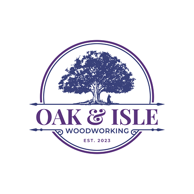 Oak & Isle Woodworking Vintage Logo dog hand drawn logo oak tree vintage logo woodworking
