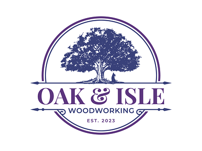 Oak & Isle Woodworking Vintage Logo dog hand drawn logo oak tree vintage logo woodworking