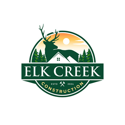 Elk Creek Construction Vintage Logo Design construction creek deer elk house logo mountain retro tree vintage vintage logo