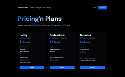 SAAS Pricing Page for @ashokasec dark theme plans pricing pricing page saas ui ux