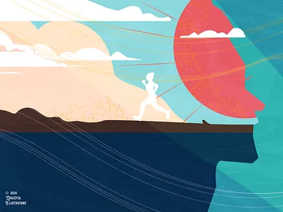 Running athlete chubby clouds drawing hills illustration lose weight mountain run running sky sun texture vector woman