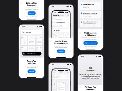 Onboarding for the Fax Sending App app app store black buttons dark design documents fax feedback interface ios iphone mobile modern onboarding paywall prototype send ui ux