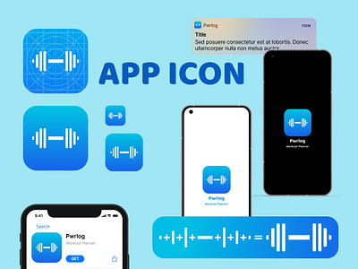 App Icon app app icon blue brand branding design dumbbell figma graphic design gym icon ios logo mobile app mockup power powerlog resolutions ui workout