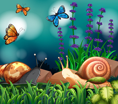 Background scene with snails butterfly 3d animation branding graphic design logo motion graphics ui
