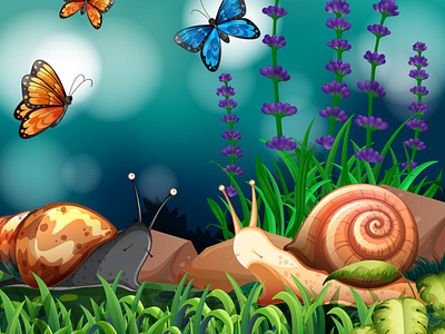 Background scene with snails butterfly 3d animation branding graphic design logo motion graphics ui