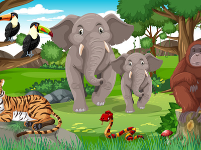 Elephant family with other wild animals forest scene 3d animation branding graphic design logo motion graphics ui