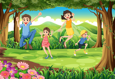 Family jumping forest 3d animation branding graphic design logo motion graphics ui