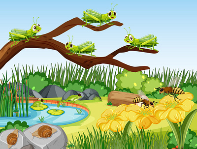 Garden scene with many grasshoppers snails bees 3d animation branding graphic design logo motion graphics ui