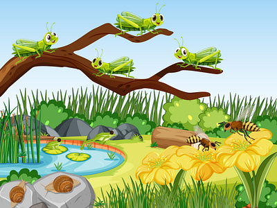 Garden scene with many grasshoppers snails bees 3d animation branding graphic design logo motion graphics ui