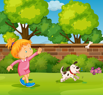 Girl playing with pet dog yard 3d animation branding graphic design logo motion graphics ui