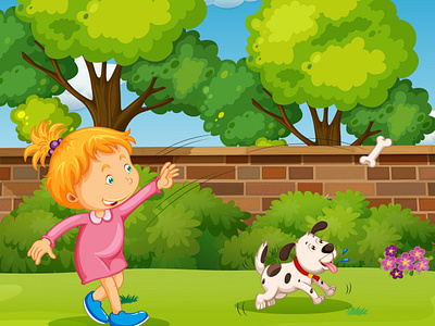 Girl playing with pet dog yard 3d animation branding graphic design logo motion graphics ui