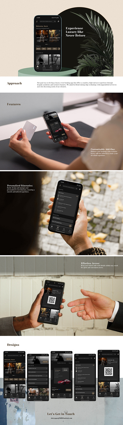 Luxury Event Booking App booking categories dailyui darkthemeui eventbooking eventplanner hnis homepage itinerary luxury luxurydesign luxuryeventapp mobile mobileappdesign mockup premiumservice qrcode tickets ui ux
