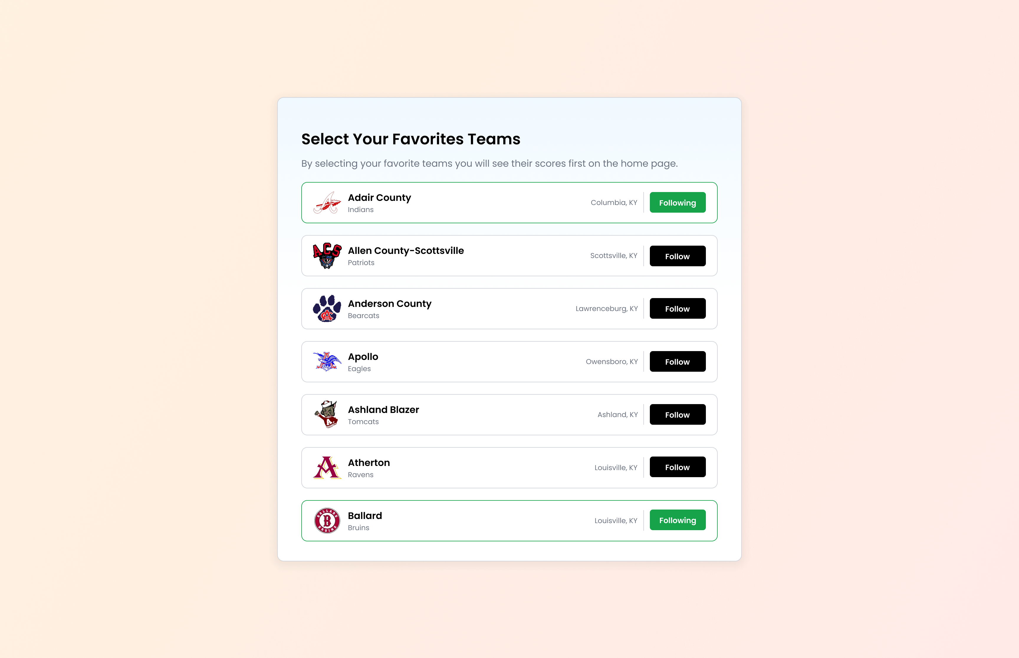Search & Follow Modals follow football high school kentucky modal modals search sport sports team ui web design