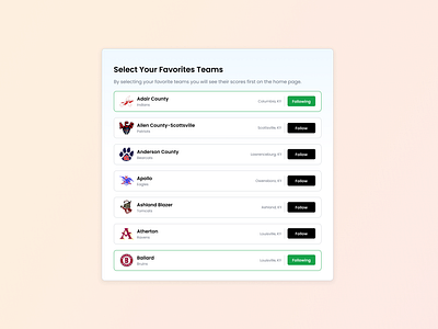 Search & Follow Modals follow football high school kentucky modal modals search sport sports team ui web design