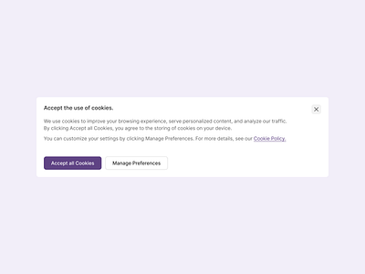 Cookie banner accept all cookies close cookie banner cookie component cookie modal cookie notification cookie policy cookie settings cta design exploration figma manage preferences policies pop up product design text ui ux web web design