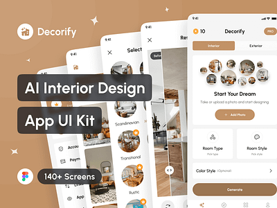 Decorify - AI Interior Design App UI Kit ai ai exterior design ai home design ai interior design app app design application case study design design system figma interface mobile portfolio project template ui ui design ui kit uiux