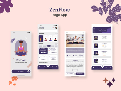 ZenFlow Yoga App app ui appscreen best yoga app daily yoga app interface learn yoga app meditaion mobile app mobile app ui dsign mobile interface ui yoga class yoga mobile app yoga studio app