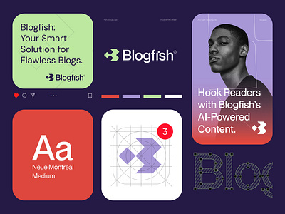 Blogfish™ - Logo & Visual Identity Design for a AI Blog website. ai arrows artificial intelligence blog blogger brand identity branding circuit creative logo design fish logo icon letter b logo logotype modern logo symbol tech technology writting