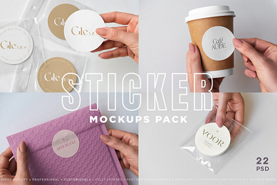Sticker Mockups Pack bag box brand branding coffee cup hand laptop logo mockup mockups pack packing plastic post print sticker tape template tumbler